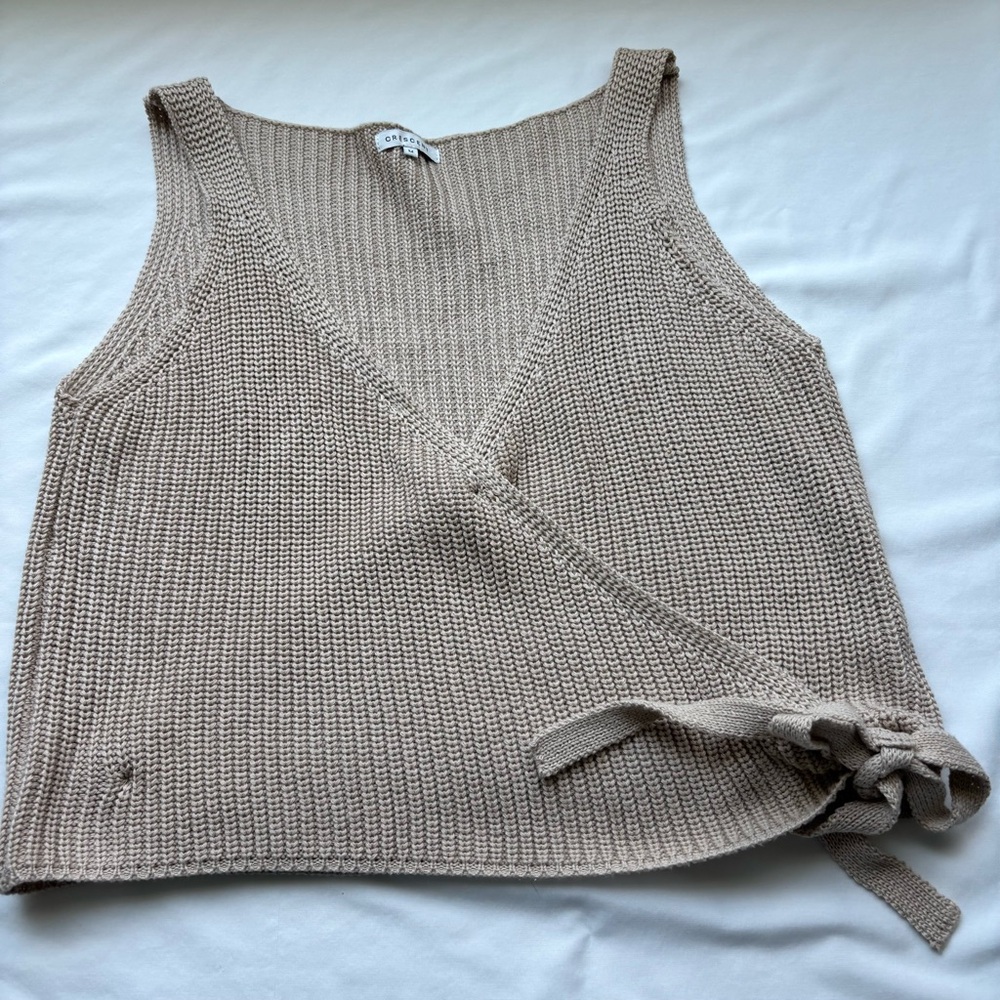 Crescent Tan Crop Sleeveless Button Closure Side Tie Sweater